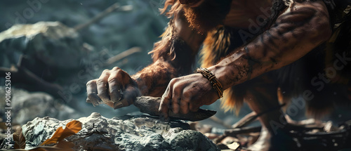 Caveman in animal skin hits rock with sharp stone and creates primitive hunting tool. Neanderthal with handaxe creates first wheel.