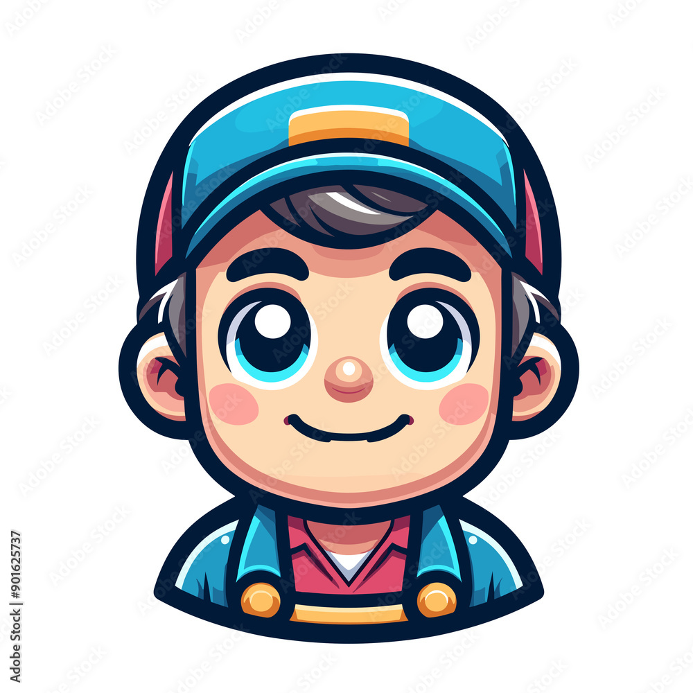 Anime-style image, male mechanic, blue eyes, pink cheeks, blue and red cap with yellow patch, blue overalls, red shirt, short brown hair with gray streaks, friendly expression, smiling face Anime-style image, male mechanic, blue eyes, pink cheeks, blue and red cap with yellow patch, blue overalls, red shirt, short brown hair with gray streaks, friendly expression, smiling face