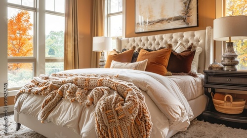 a cozy autumn themed bedroom with a beautiful window view