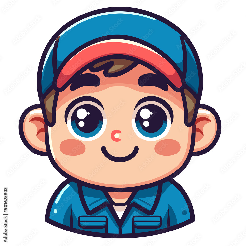 Anime-style image, male mechanic, blue eyes, pink cheeks, blue uniform, blue and red cap, short brown hair, friendly expression Anime-style image, male mechanic, blue eyes, pink cheeks, blue uniform, blue and red cap, short brown hair, friendly expression