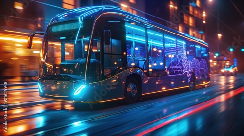 Advanced electric bus with a sleek design, featuring a holographic route display. Set in a modern urban environment, the bus represents the future of public transportation with its innovative and