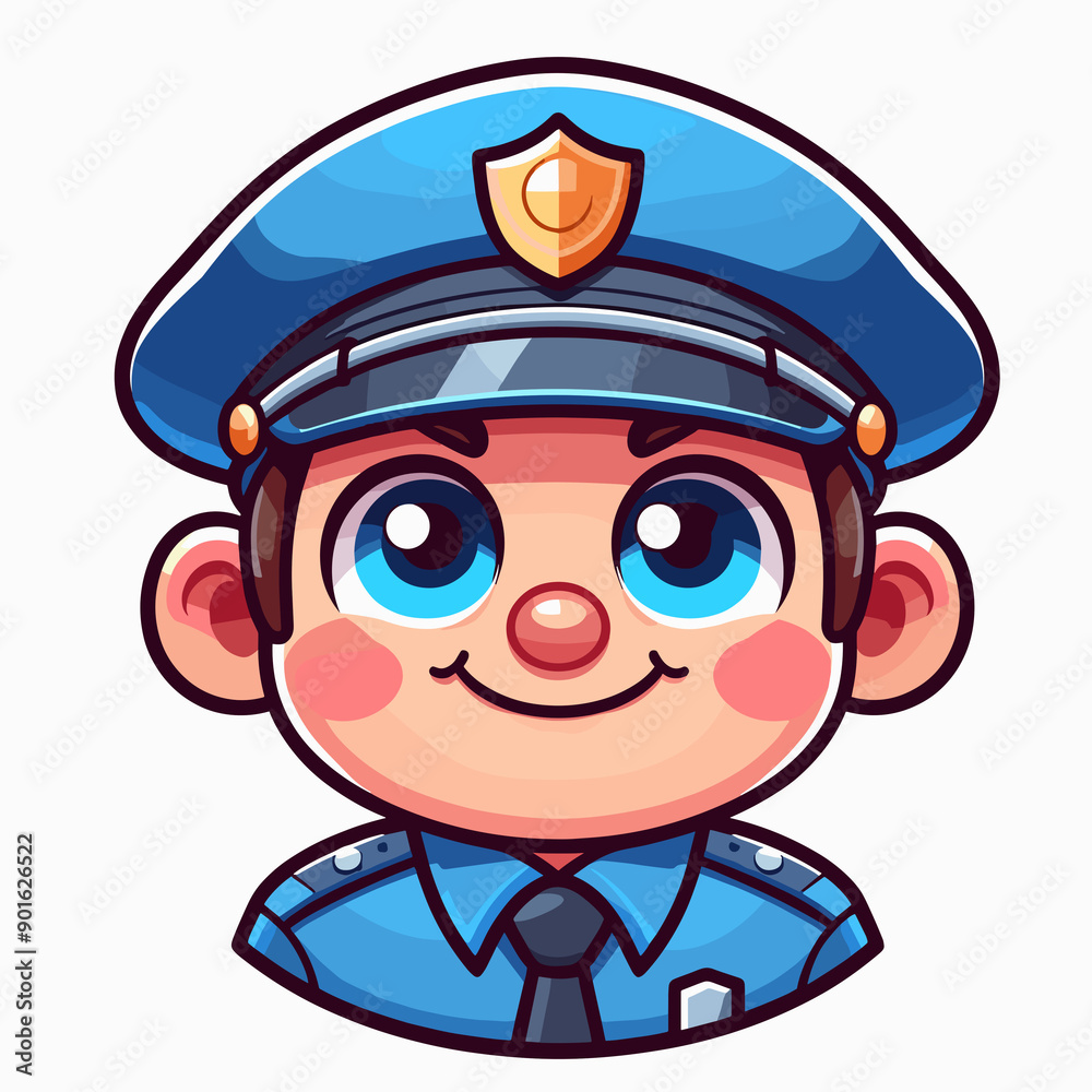 Cartoon policeman with blue eyes, wearing a blue uniform and cap. He has a friendly smile, rosy cheeks, and exudes warmth and approachability. Cartoon policeman with blue eyes, wearing a blue uniform and cap. He has a friendly smile, rosy cheeks, and exudes warmth and approachability.