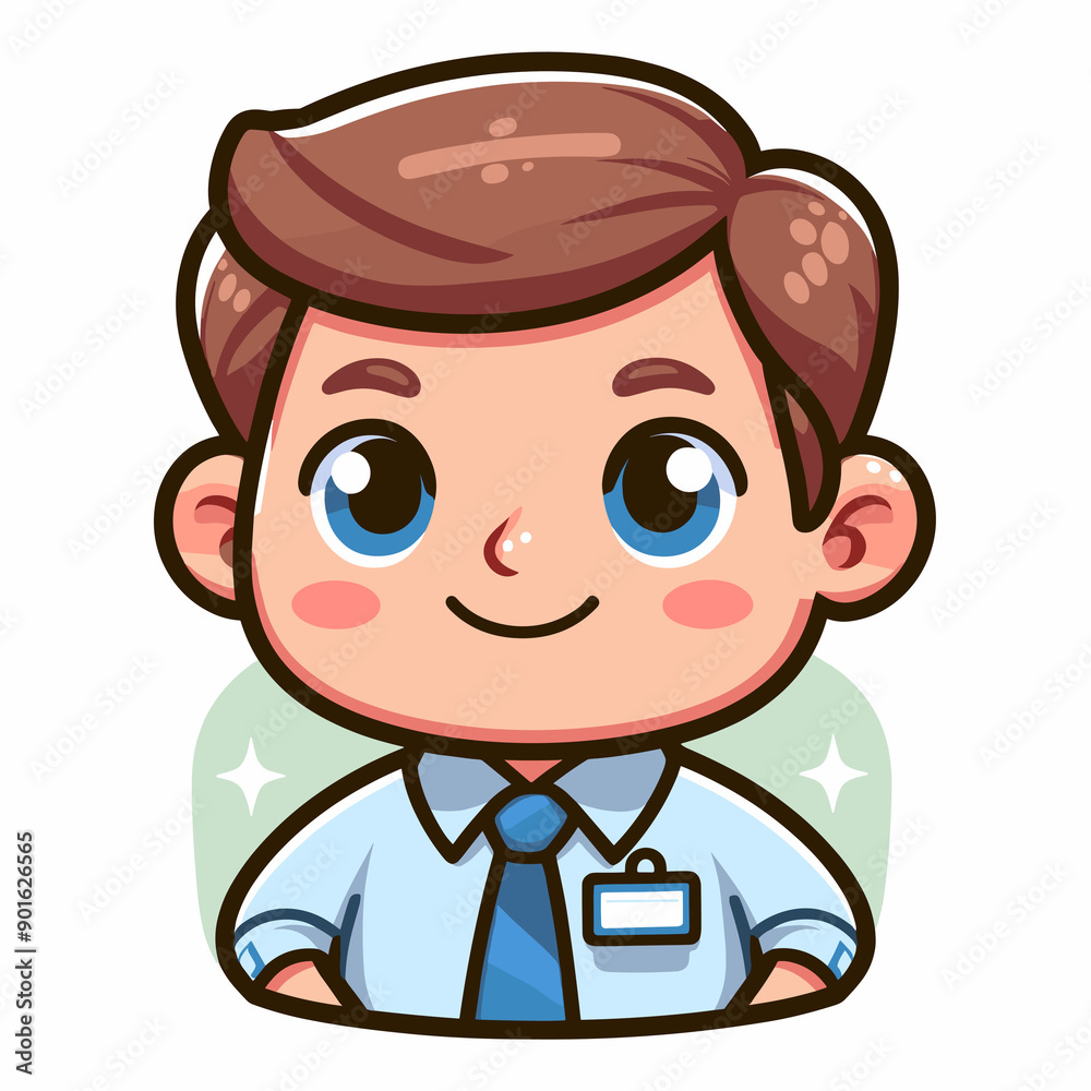 Teacher with brown hair and blue eyes, wearing a light blue shirt and blue tie with a name tag. He has a friendly smile and rosy cheeks, exuding warmth and professionalism. Teacher with brown hair and blue eyes, wearing a light blue shirt and blue tie with a name tag. He has a friendly smile and rosy cheeks, exuding warmth and professionalism.