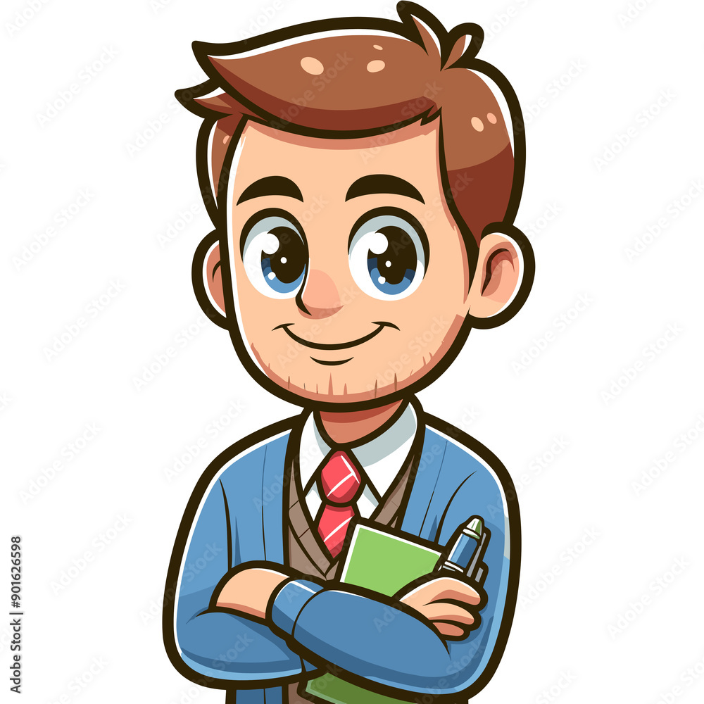 Teacher with brown hair and blue eyes, wearing a blue cardigan, white shirt, and red tie. He has a friendly smile, holding a green book and a pen, exuding confidence and warmth. Teacher with brown hair and blue eyes, wearing a blue cardigan, white shirt, and red tie. He has a friendly smile, holding a green book and a pen, exuding confidence and warmth.