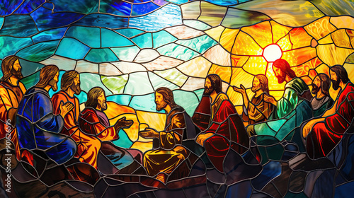 Scene of Jesus' Sermon on the Mount , stained glass	