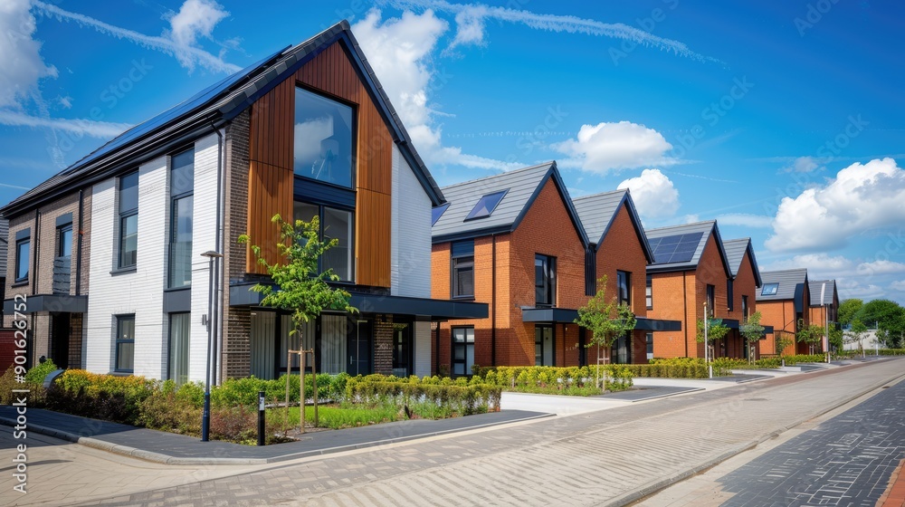 New modern houses in a row with a vibrant blue sky backdrop, featuring space for text or marketing content New modern houses in a row with a vibrant blue sky backdrop, featuring space for text or marketing content