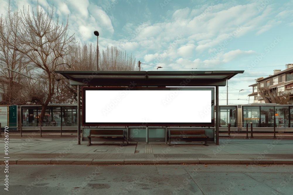 White empty banner or mockup billboard on a bus or tram urban station by morning White empty banner or mockup billboard on a bus or tram urban station by morning