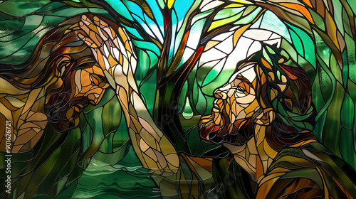 Jesus Being Baptized by John in the Jordan River, stained glass