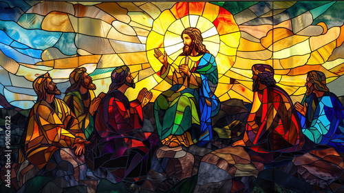 Scene of Jesus' Sermon on the Mount , stained glass	