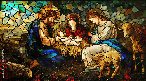 A nativity scene in stained glass window