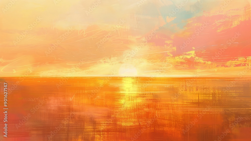 Fototapeta premium gold and orange sunset digital art pastel colours horizon sea