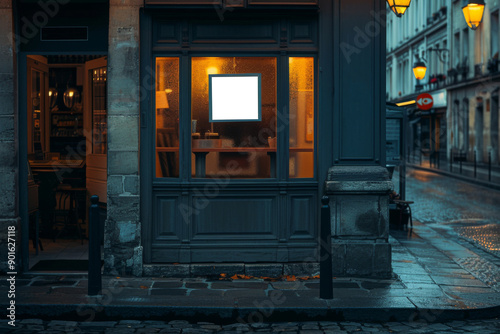 Small promotion poster or mockup in showcase store or restaurant in the cosy evening lights
