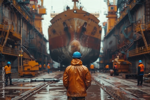 Shipyard workers overseeing ship maintenance. Shipyard workers oversee the maintenance of a large ship, ensuring all processes are correctly followed in the busy shipyard environment.