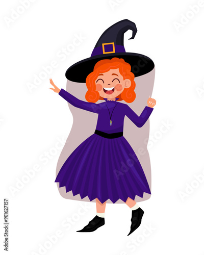 A beautiful cartoon little redheaded witch with a hat. The girl is dressed in a witch costume for halloween. Vector illustration photo