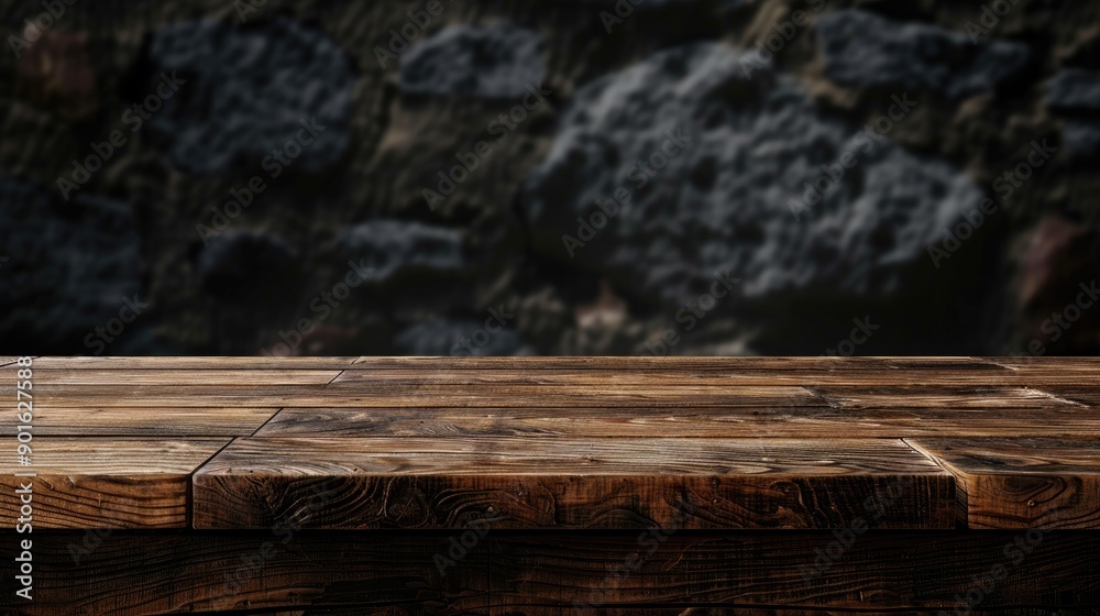 Wooden table with blurry black stone backdrop for showcasing products Wooden table with blurry black stone backdrop for showcasing products