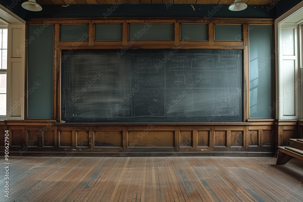 Old blackboard mockup in a classroom with old desks. back to school concept Old blackboard mockup in a classroom with old desks. back to school concept