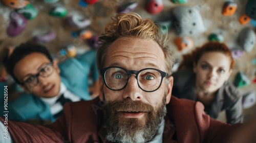 A man with glasses takes a group selfie with colleagues, looking up and smiling brightly, capturing a moment of camaraderie and joy at a team-building event. photo