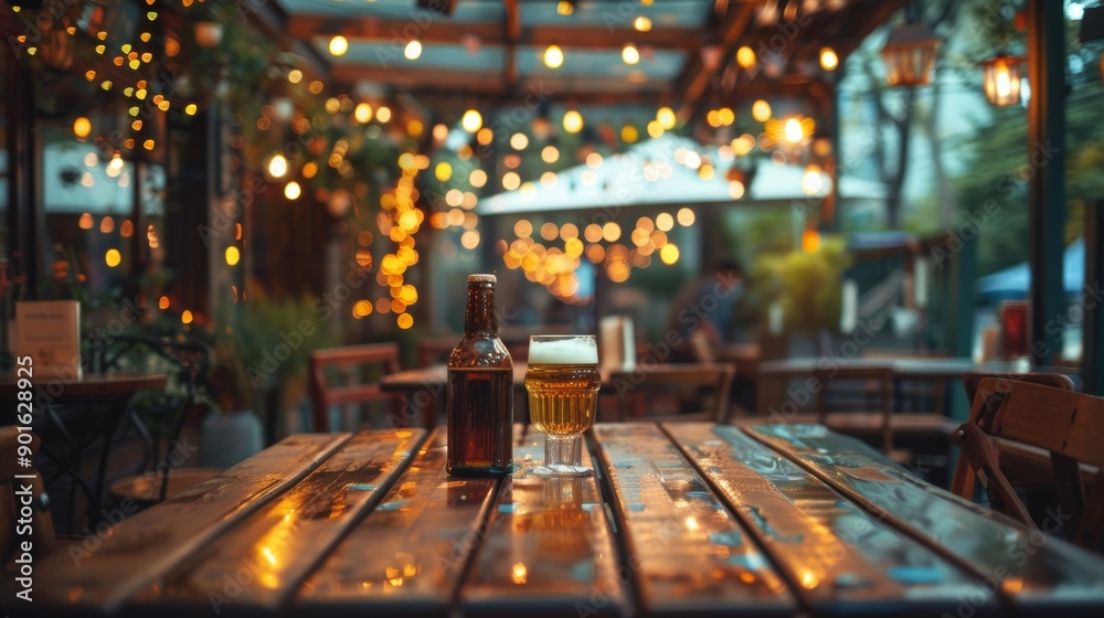 Glass of beer on a wooden table in a pub garden with bokeh lights Glass of beer on a wooden table in a pub garden with bokeh lights