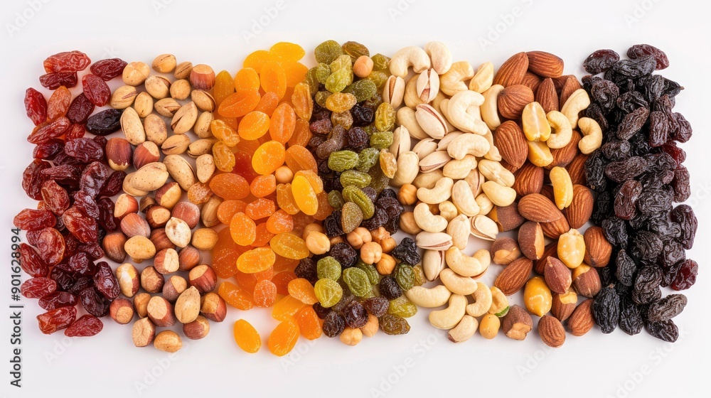 Variety of nuts and dried fruits, including almonds, hazelnuts, peanuts, cashews, candied fruit, and raisins, isolated on background Variety of nuts and dried fruits, including almonds, hazelnuts, peanuts, cashews, candied fruit, and raisins, isolated on background