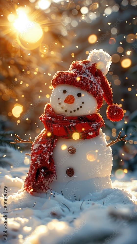 Merry christmas and happy new year greeting card with copy-space.Happy snowman standing in christmas landscape.Snow background.Winter fairytale Merry christmas and happy new year greeting card with copy-space.Happy snowman standing in christmas landscape.Snow background.Winter fairytale