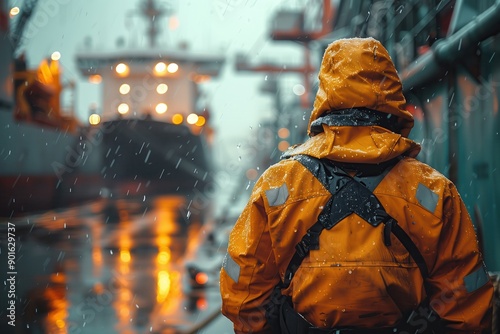 Worker on ship at sunrise. Worker in an orange jacket stands on the deck of a ship at sunrise, overseeing maritime operations, symbolizing dedication and early start in logistics.