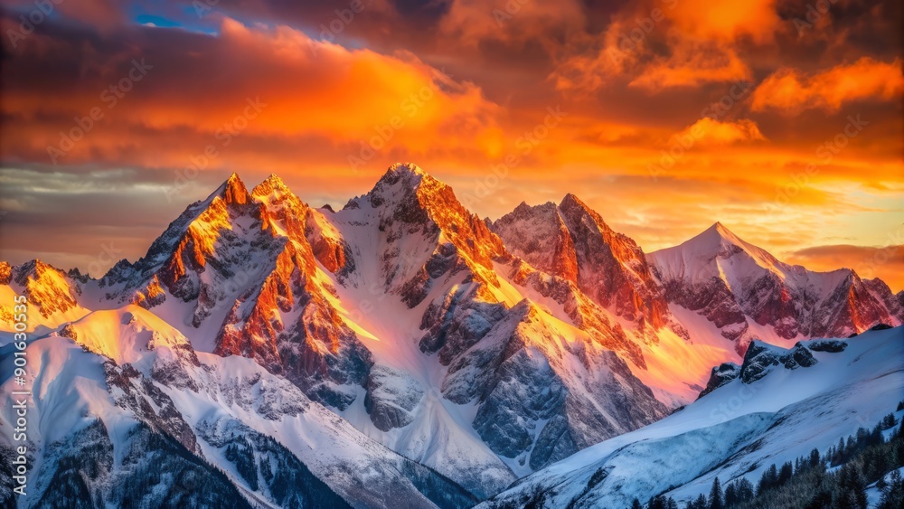 Obraz premium Vibrant orange and pink hues illuminate the snowy mountain peaks as the sun rises above the serene alpine landscape, casting a warm golden light.