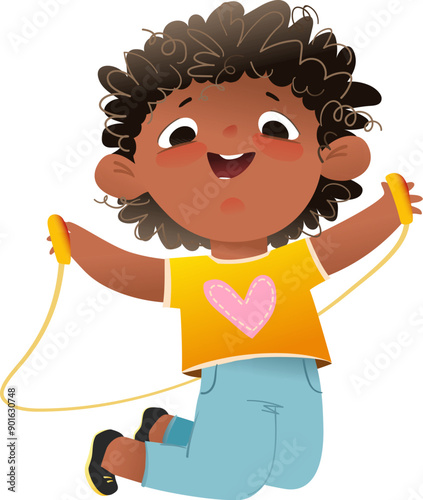 Cute African American girl playing and jumping with skipping rope. Happy joyful kindergarten baby girl play and jump. Kindergarten kids vector illustration for children, hand drawn cartoon.