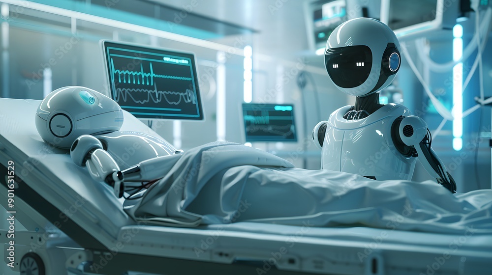 Healthcare Robot: A robot assisting a doctor with patient care in a futuristic hospital, monitoring vitals and administering treatment.
Healthcare Robot: A robot assisting a doctor with patient care in a futuristic hospital, monitoring vitals and administering treatment.