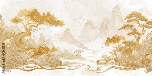 Golden landscape with mountains, trees, and river.