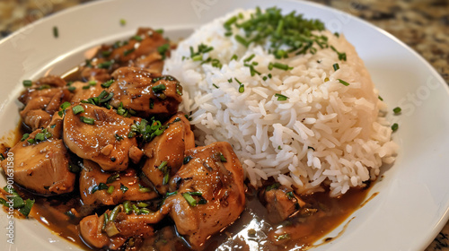 Chicken adobo with steamed rice photo