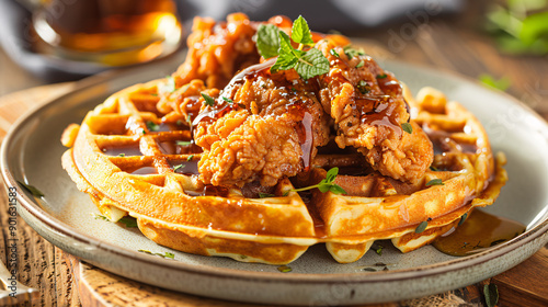 Chicken and waffles with maple syrup