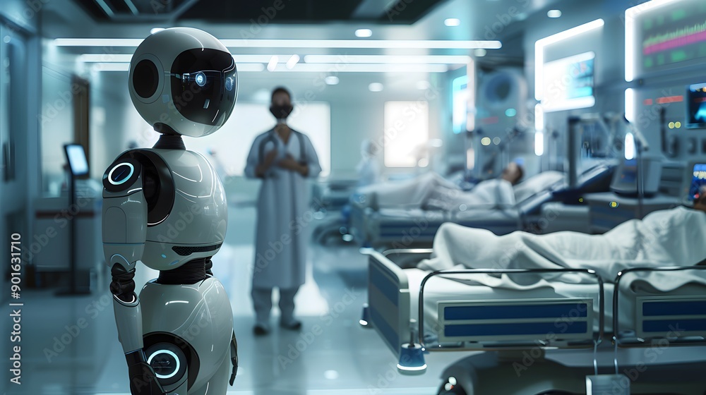 Healthcare Robot: A robot assisting a doctor with patient care in a futuristic hospital, monitoring vitals and administering treatment.
Healthcare Robot: A robot assisting a doctor with patient care in a futuristic hospital, monitoring vitals and administering treatment.