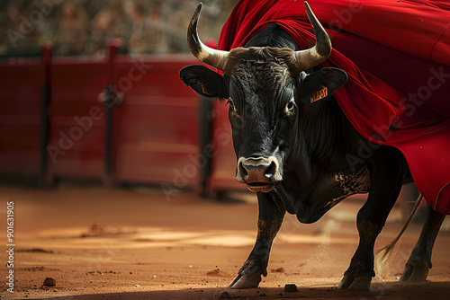 Bull in bullfight arena with red cloth