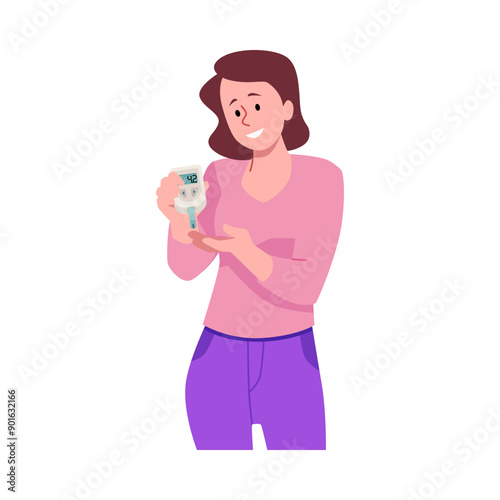 Woman doing glucose level test using a glucometer vector flat illustration, health care monitoring diagnosis of diabetes