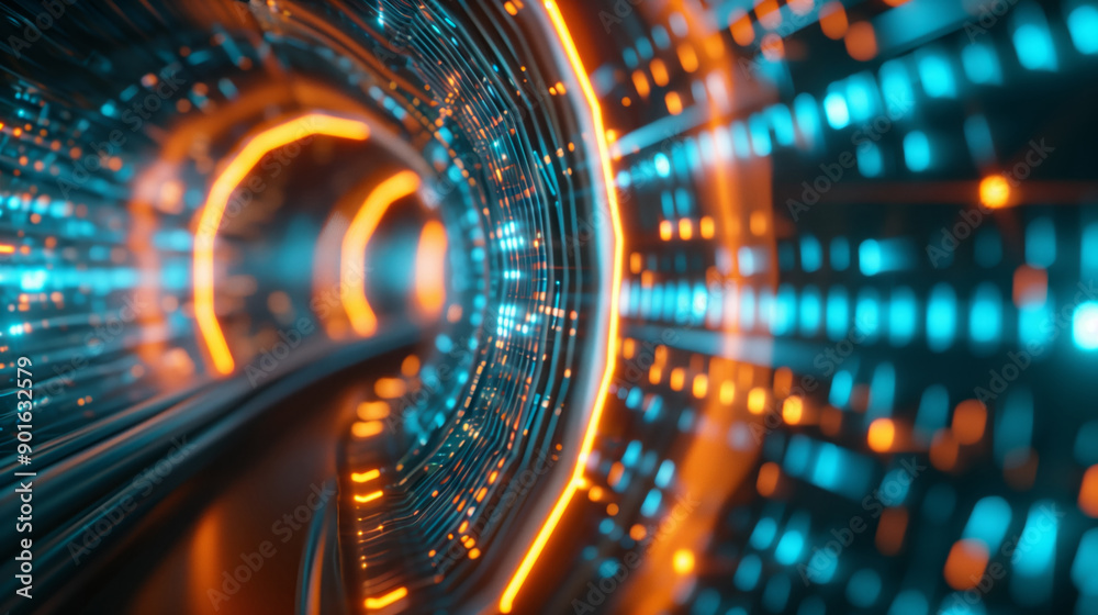 Vibrant digital tunnel with glowing lights, showcasing futuristic technology and dynamic motion patterns. Vibrant digital tunnel with glowing lights, showcasing futuristic technology and dynamic motion patterns.