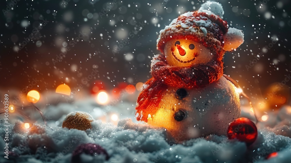 Merry christmas and happy new year greeting card with copy-space.Happy snowman standing in christmas landscape.Snow background.Winter fairytale Merry christmas and happy new year greeting card with copy-space.Happy snowman standing in christmas landscape.Snow background.Winter fairytale