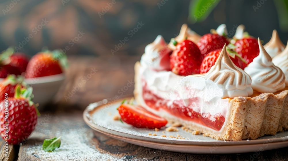 STRAWBERRY MERINGUE PIE SLICE with copy space STRAWBERRY MERINGUE PIE SLICE with copy space