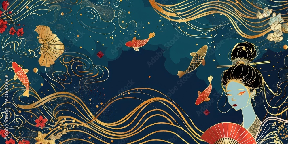 Geisha with golden waves and fish. Geisha with golden waves and fish.