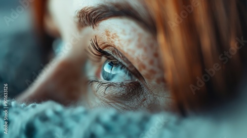 A closeup shot of a blue eye is shown, highlighting the intricate details of the eye and surrounding freckles, with a hint of red hair framing the composition. photo