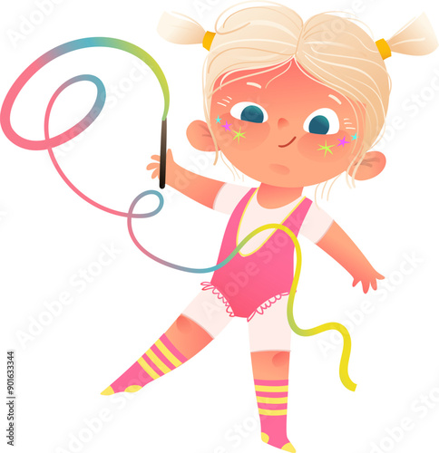 Illustration of a girl doing rhythmic gymnastics, child athlete performing with ribbon. Fun and healthy activity, youth sports and fitness. Colorful vector illustration for kids sport.