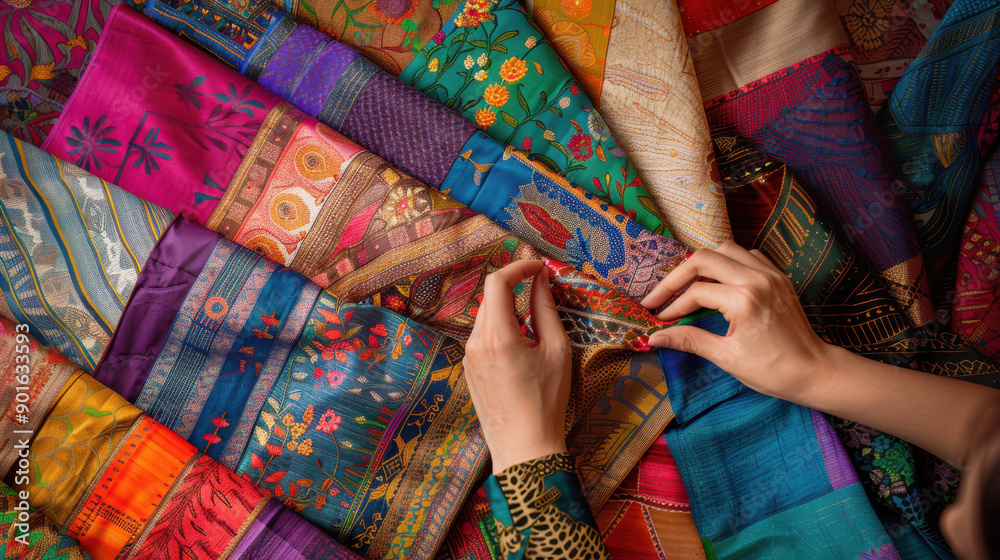 A detailed photograph of fabric swatches in a catalog, hands of various genders and ages flipping through, colorful and diverse patterns A detailed photograph of fabric swatches in a catalog, hands of various genders and ages flipping through, colorful and diverse patterns