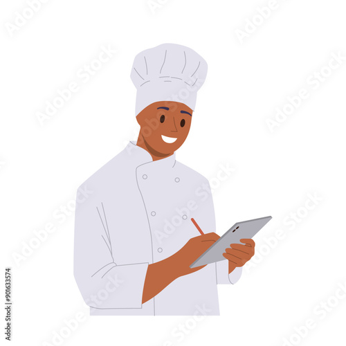 Chef cartoon character using mobile tablet for checking online order sharing video tutorial for blog