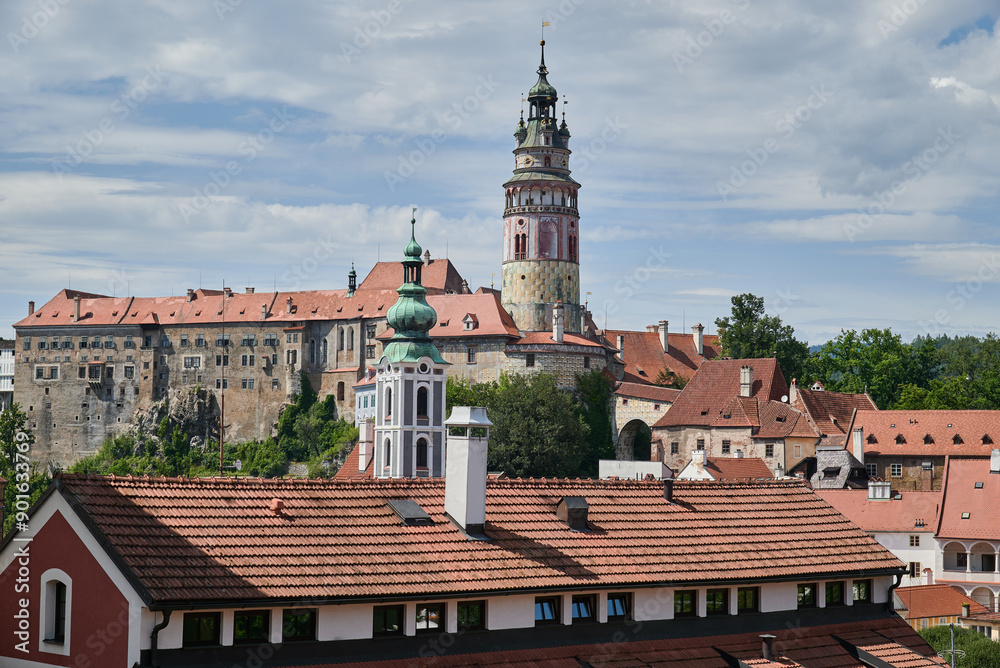 Fototapeta premium Cityscape of historic centre of Cesky Krumlov, popular tourist destination in south Bohemia region of Czech Republic