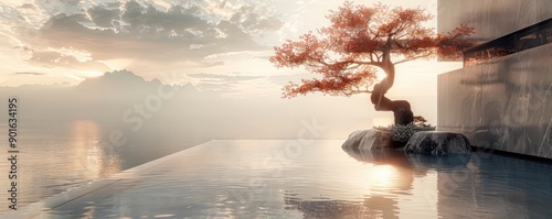 Tranquil Contemporary Architecture A Serene Design Blending Modern Lines with Natural Elements for a Peaceful Retreat This Stunning Structure Embraces Tranquility, Featuring a Bonsai Tree and Water