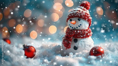 Merry christmas and happy new year greeting card with copy-space.Happy snowman standing in christmas landscape.Snow background.Winter fairytale