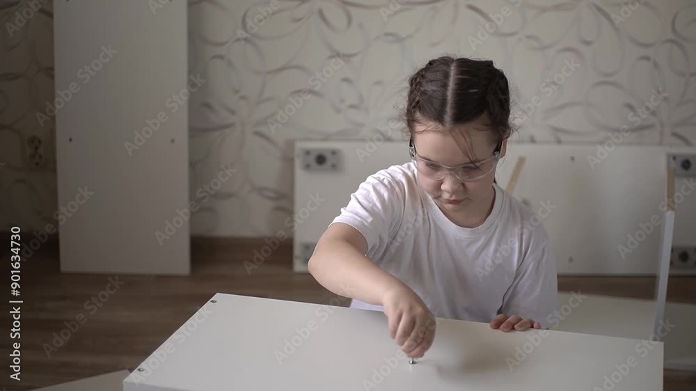 order furniture online.assembly of furniture.girl in glasses.slow motion.high quality shooting in 4K format order furniture online.assembly of furniture.girl in glasses.slow motion.high quality shooting in 4K format