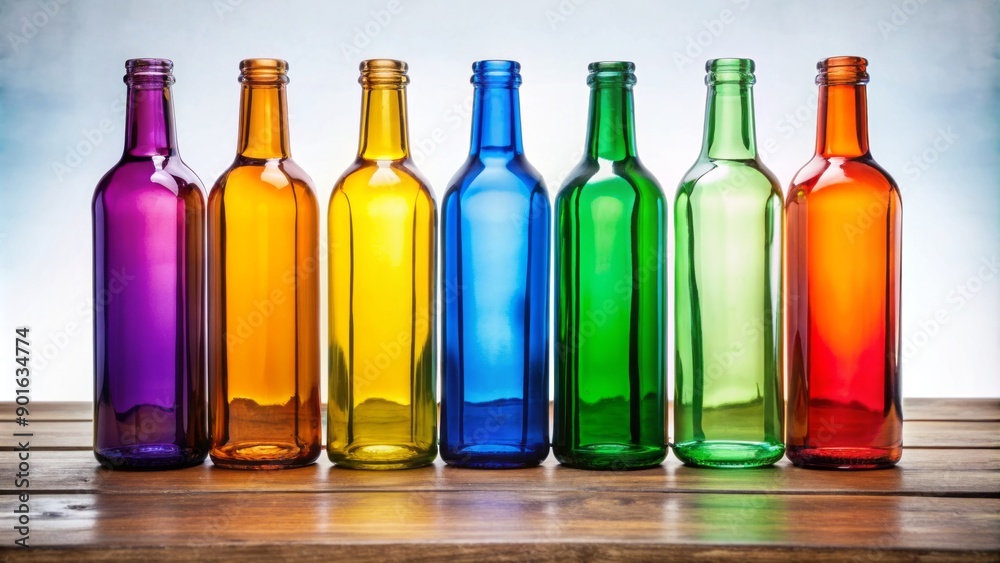 Vibrant row of six colored glass bottles in shades of blue, green, yellow, orange, red, and purple sit on a wooden table against a white background. Vibrant row of six colored glass bottles in shades of blue, green, yellow, orange, red, and purple sit on a wooden table against a white background.