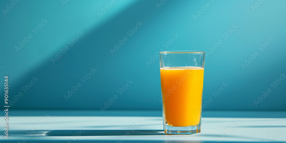A glass of citrus juice stands on a table on a blue background. Concept template for advertising juice, vitamins, proper nutrition and diet with space for text A glass of citrus juice stands on a table on a blue background. Concept template for advertising juice, vitamins, proper nutrition and diet with space for text