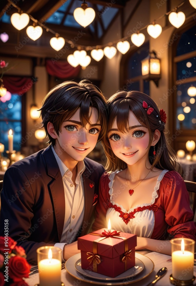 An anime couple enjoying a romantic Valentine's Day dinner at a beautifully decorated restaurant. An anime couple enjoying a romantic Valentine's Day dinner at a beautifully decorated restaurant.