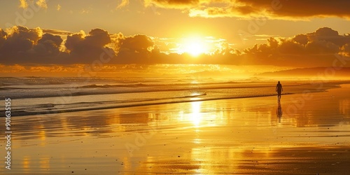 A tranquil scene of a golden sunrise on the beach, with the silhouette of a lone person walking along the shore. 